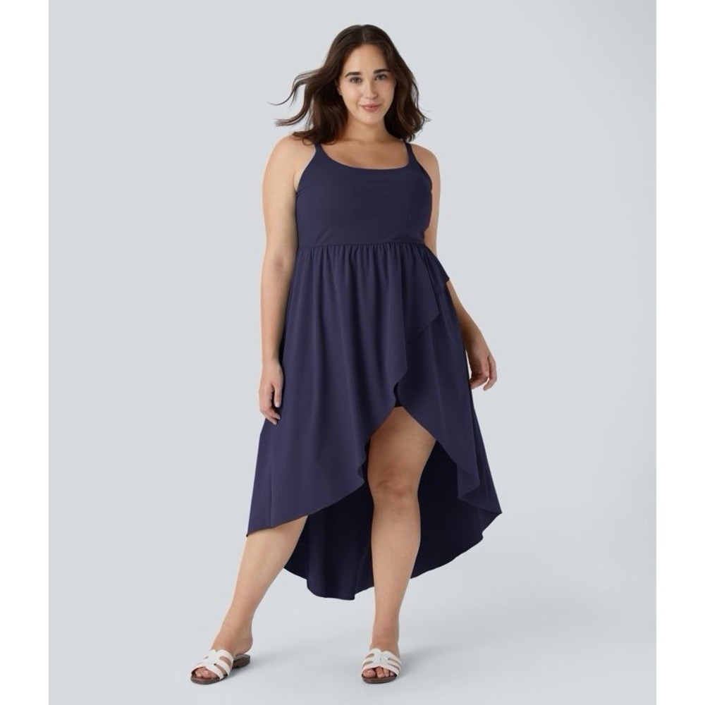 New Breezeful High Low 2-Piece Pocket Flowy Midi Quick Dry Casual Dress Navy L